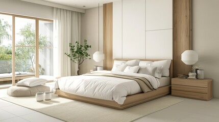 Fototapeta premium Contemporary bedroom with beige wood furniture and white accents, minimalist,