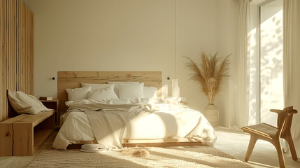 Cozy bedroom with white and beige wood furniture, minimalist design,