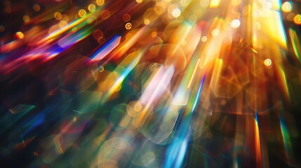 Defocused abstract multicolored retro film lens flare bokeh, blur rainbow crystal light leaks on black, vintage prism colors,
