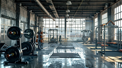 Dynamic angle of a weightlifting gym, clear for text,