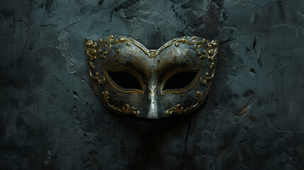 Naklejka premium Black and Gold Venetian Mask on Dark Textured Surface
