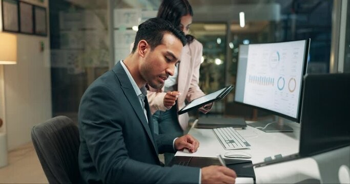 Teamwork, tablet and business people on computer in discussion for planning, collaboration and advice. Corporate, finance company and man and woman with statistics, graph and financial analysis