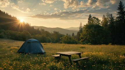 Scenic camping tent surrounded by nature with mountains and trees in the background