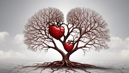 Human heart health concept as a symbol for growing a body organ and the veins and arteries of the circulatory system as a body part shaped as tree roots and branches as a medical metaphor for life