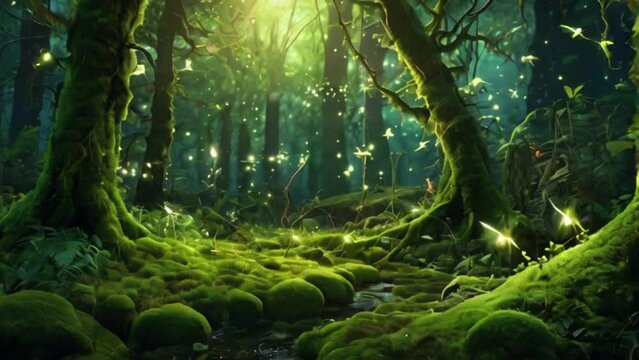 Tree in the forest, is a Fantasy mossy forest fairy tale with trees and magnificent random flying fireflies, 4k created with generative ai.