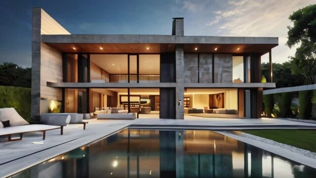Luxury modern home with backyard swimming pool,4k digital video created with generative ai.,4k digital video created with generative ai.