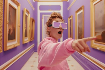 A woman wearing a pink shirt and sunglasses points to a wall with framed pictures.