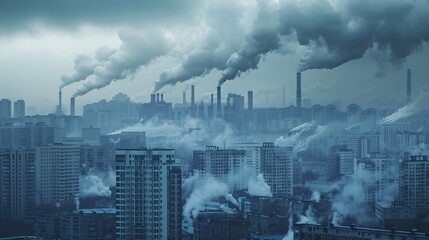 Factories emit greenhouse gases causing air pollution over cities.