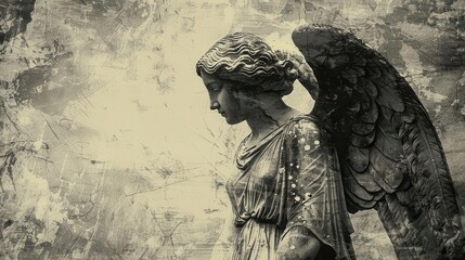 Fototapeta premium ethereal greek angel statue with wings vintage grainy texture black and white illustration