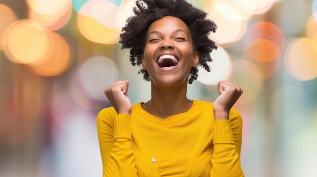 euphoric victory overjoyed african american woman celebrating with fist pump blurred background