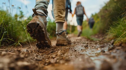 family hiking on dirt path man with dirty boot in focus outdoor adventure candid photography