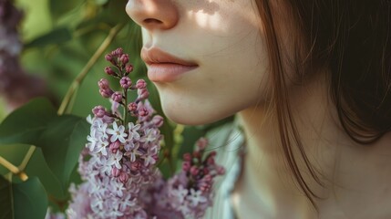 Naklejka premium Close up of a girl holding lilacs during the summer