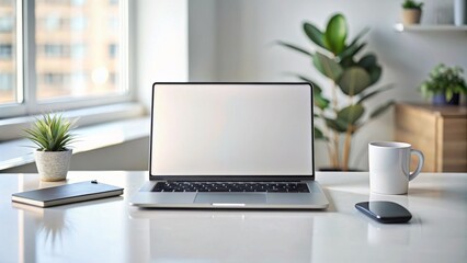Fototapeta premium Modern laptop with blank screen situated on a white table accompanied by a mouse and smartphone amidst a minimalist home or office interior backdrop.