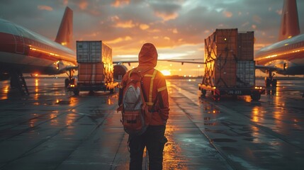 Ramp agents loading cargo containers onto planes, optimizing space utilization in cargo holds. 