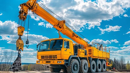 Yellow crane with raised boom under blue sky.
