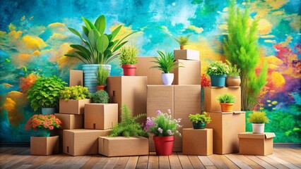 Vibrant painted background featuring a whimsical arrangement of plants, parcels, and boxes, symbolizing efficiency and speed in the courier service industry.