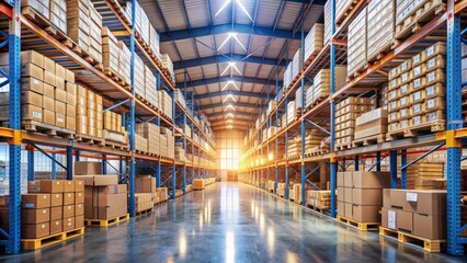 Empty warehouse aisle with neatly stacked cardboard boxes, pallets, and shelves, highlighting industrious workplace atmosphere, logistical efficiency, and storage capacity.
