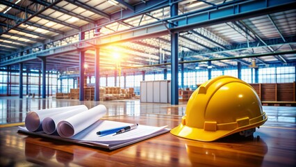 Industrial warehouse background with blueprint, hard hat, and tools on a table, symbolizing a successful business partnership and occupational deal agreement.