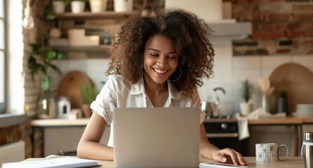 A woman with curly hair is sitting at a table with a laptop in front of her