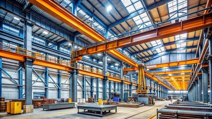 Industrial metal construction manufacturing facility with heavy machinery and steel beams, conveying a sense of industrial strength and manufacturing power.