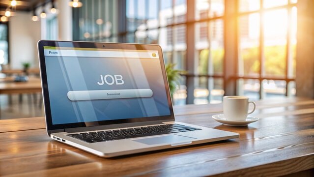Modern laptop on a wooden desk with a blurred background, displaying a job search engine website on the screen, highlighting career development opportunities.
