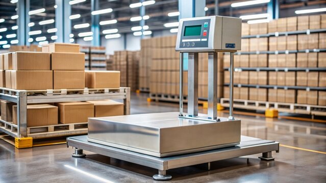 Industrial weighing scale with digital display sits atop a stainless steel counter in a warehouse, surrounded by cardboard boxes and crates, awaiting product measurement.