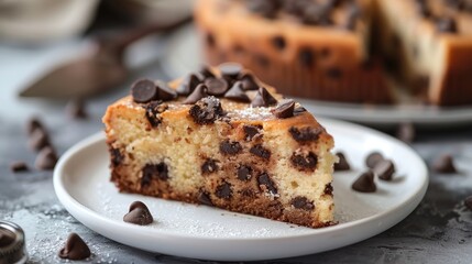 Chocolate chip cake presented on a plate