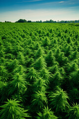 Field of marijuana plants, expansive cannabis farm, vibrant green, aerial view background