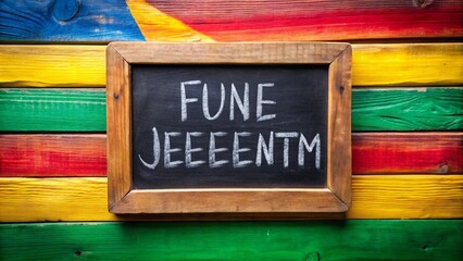 Small rustic wooden chalkboard with a vibrant colorful background displays a bold handwritten message celebrating freedom and equality on juneteenth holiday.