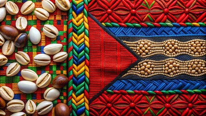 Vibrant abstract juneteenth background featuring bold red, white, and blue hues, african patterns, and subtle cowry shells, evoking freedom, culture, and celebration.