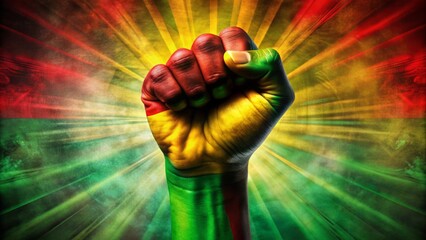 Vibrant abstract celebration of freedom, red, green, and yellow overlay on a clenched fist, symbolizing triumph, liberation, and unity on juneteenth commemoration.