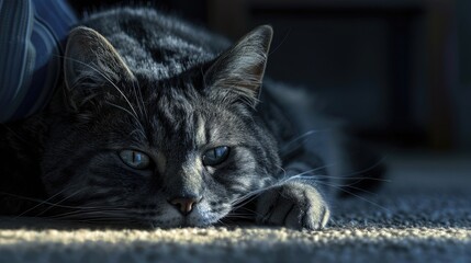 The melancholic feline Resting on the floor deep in contemplation