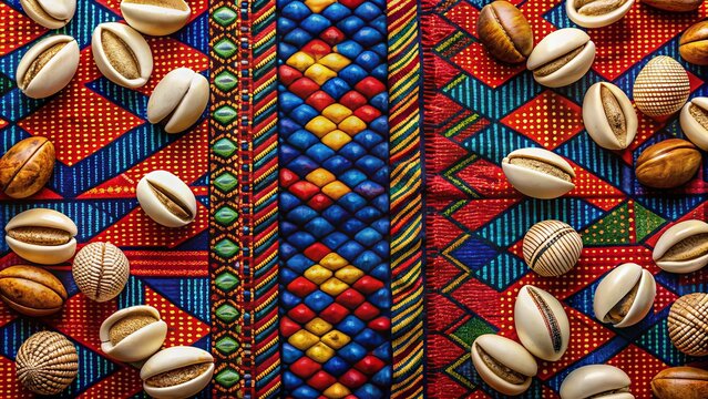 Vibrant abstract juneteenth background featuring bold red, white, and blue hues, african patterns, and subtle cowry shells, evoking freedom, culture, and celebration.