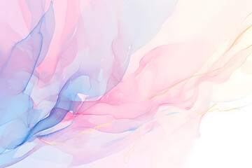 Obraz premium Pastel soft watercolor fluid ink background of pink and blue blending together with gold veins painting
