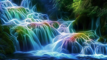 Naklejka premium Soothing Abstract Waterfall Scene: Cascading Fluid Shapes in Tranquil Colors for Mental Wellness and Relaxation