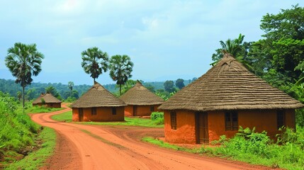 A dirt road leads through a rural African village, showcasing traditional thatched homes and lush greenery