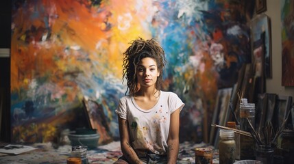 Young artist in a paint-splattered studio, vivid hues, candid, natural light