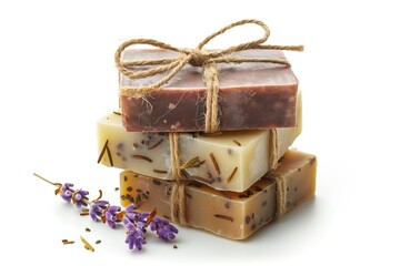 Three different bars of handmade soap with herbs and flowers isolated on white background
