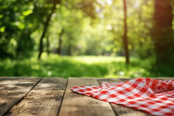 Wooden table with red checkered tablecloth on nature background