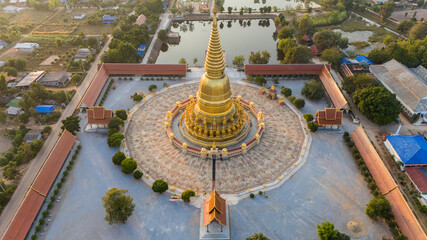 Beautiful aerial view of Phra Mahathat Chedi Sri Wiang Chai one of the biggest pagoda in Thailand,...