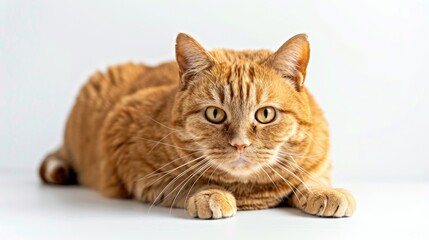 Obraz premium Overweight red adult cat on white backdrop