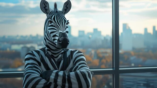A super businessman wearing a super cool zebra costume stands with his arms crossed on his chest on the balcony of a tall building.