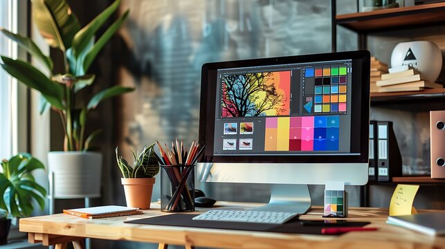 A computer screen with design software open, showcasing color palettes and graphic elements for website designs on the desk of a web designer in their modern office space. The monitor is showing