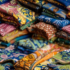 Close-up photographs of traditional batik prints at a local market, highlighting the variety of patterns and colors that represent different regions and the craftsmanship involved in batik making