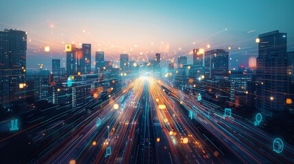 Fototapeta premium Cityscape with Bright Lights and Abstract Streams