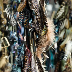 Close-up shots of ornate feather decorations in a fashion designer's studio, highlighting the use of feathers in haute couture and how they add sophistication and texture to clothing and accessories