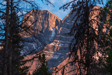 Summer time views in Banff National Park during July with stunning blue sky, beautiful day scenery in camping, campground area of Alberta, British Columbia.