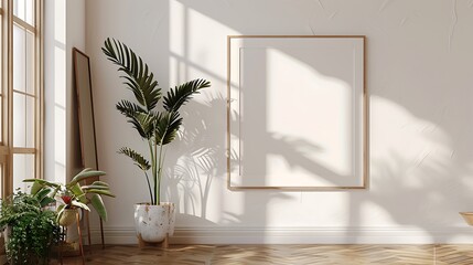 Minimalist White Studio Frame Mockup on Wooden Floor with Isolated Framed Artwork and Even Lighting, Product Photography Showcase Using 100mm Macro Lens