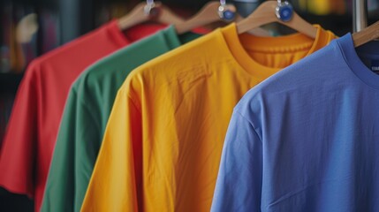 Obraz premium Four vibrant t shirts displayed on hangers