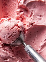 A picture of an ice cream scoop holding strawberry ice cream, a creamy recipe that tastes like summer